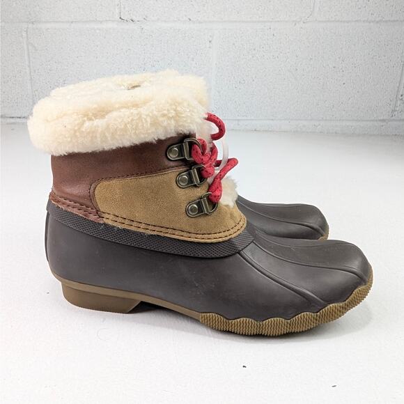 Sperry Kids Size 2 Saltwater Alpine Cozy Duck Boots Brown Cream Red Laces - Picture 1 of 6